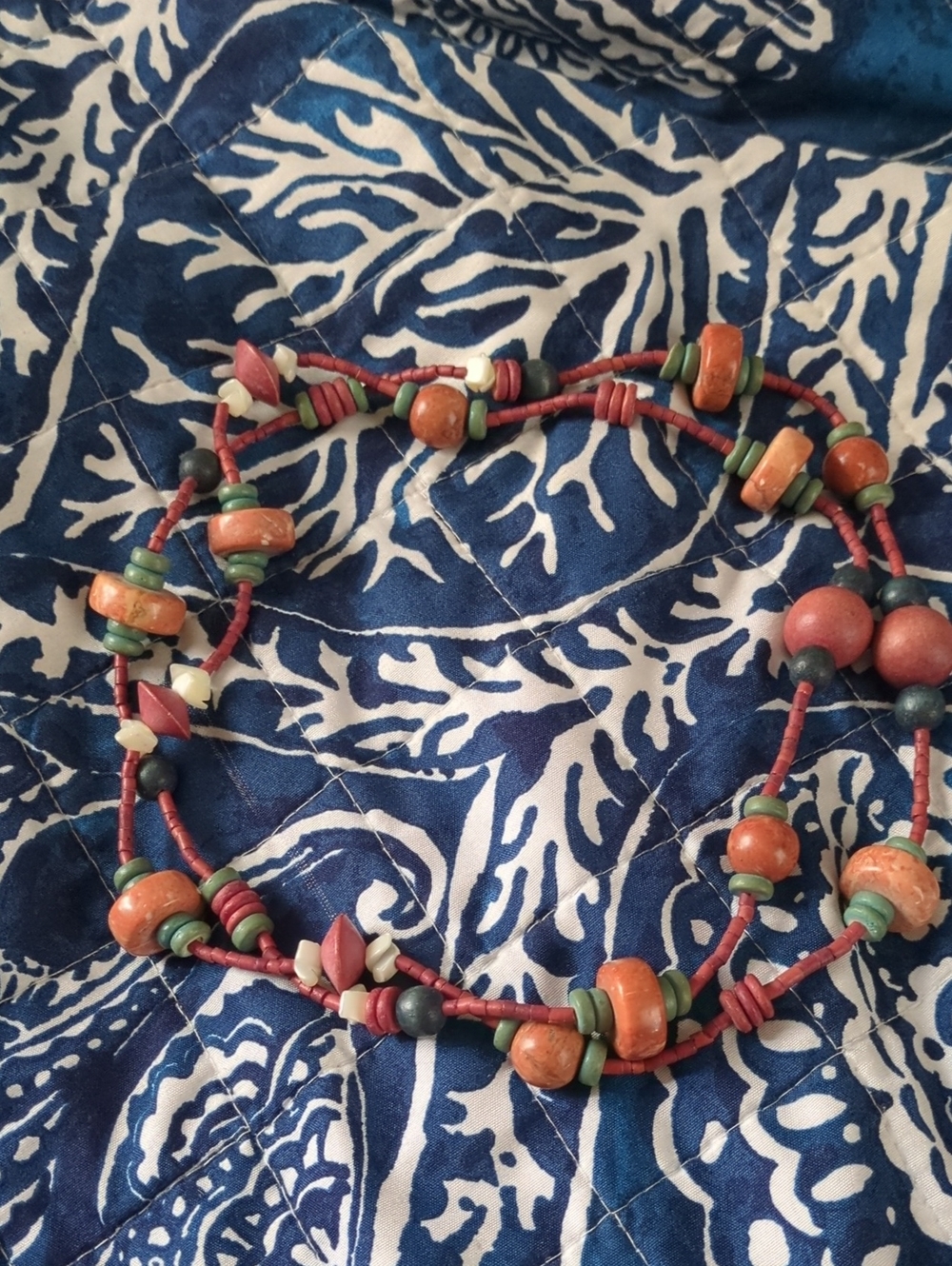 Handcrafted Beaded Necklace in Coral and Green